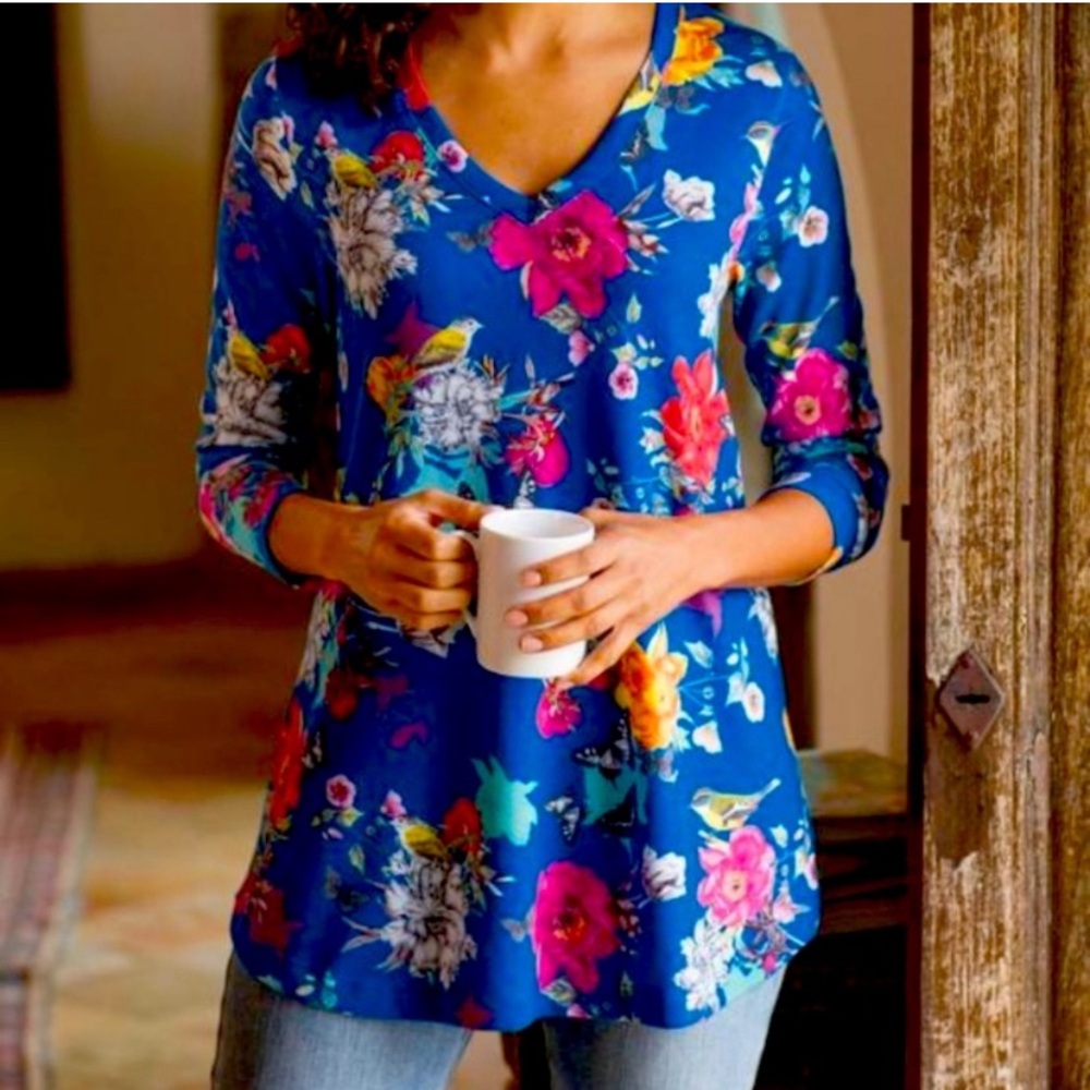 Soft Surroundings Blue Floral Knit Tunic Sz XS Long Sleeve Stretch Top V Neck